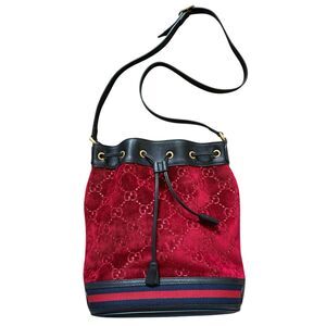 Authentic Gucci GG Red Velvet Blue Web Black Leather Bucket Shoulder Bag